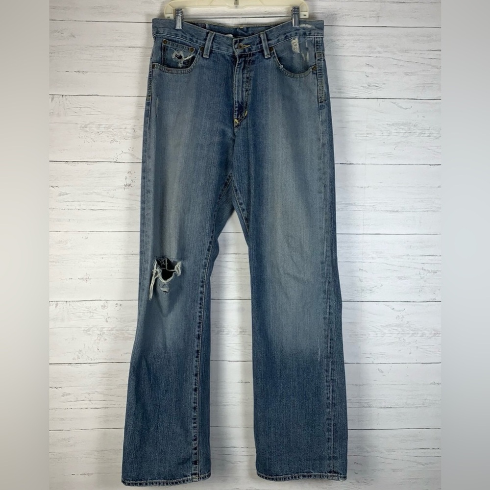 X2 DENIM LABORATORY M42 Men's 33X34 boot cut Leg Blue Distressed Jeans